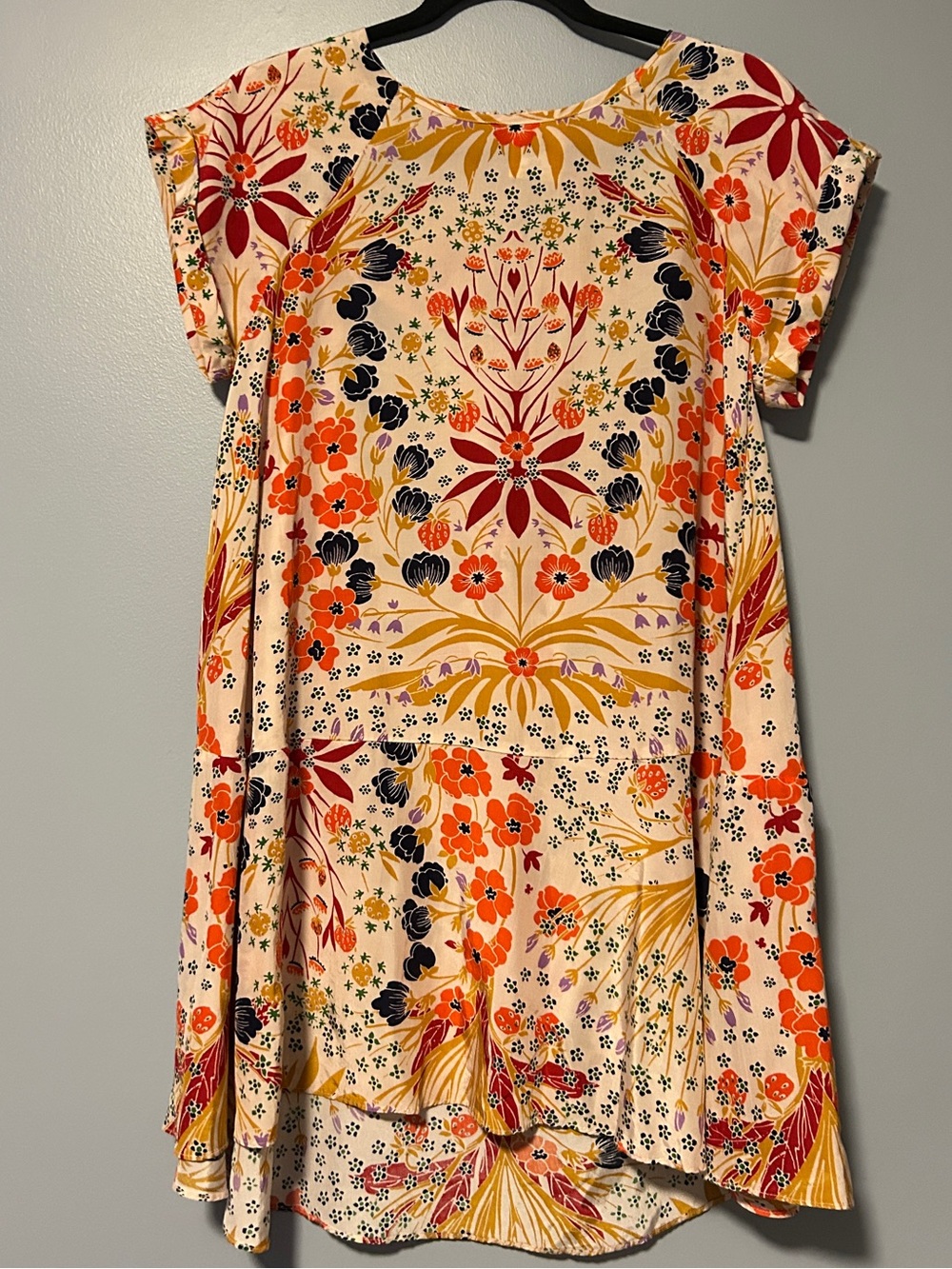 Free People Cream Floral Swing Dress with Orange & Navy Accents